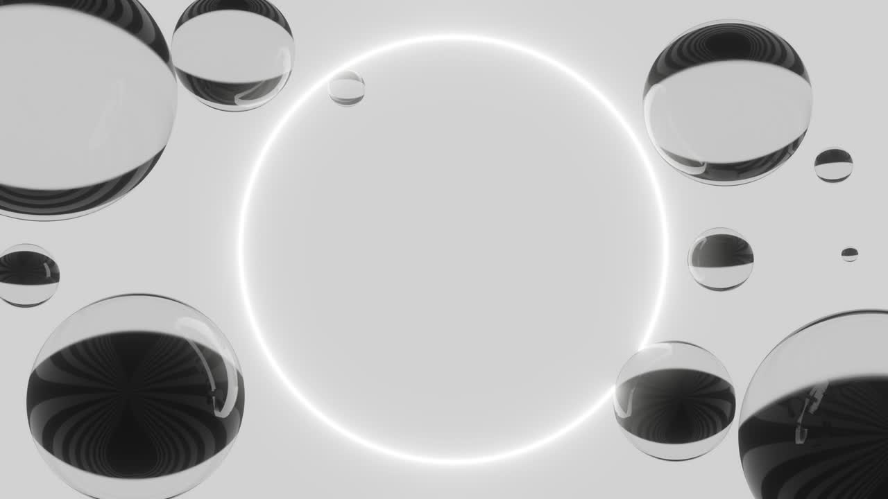 animación 3d en bucle sin costuras de esferas de vidrio flotando alrededor de la luz del círculo de neón