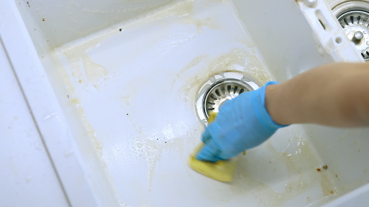 Dirty kitchen sink needing cleaning. A neglected kitchen sink shows signs of residual food and grime, indicating a need for thorough cleaning
