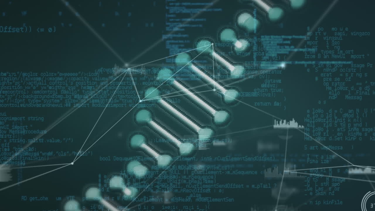Animation of dna strand, network of connections over data processing