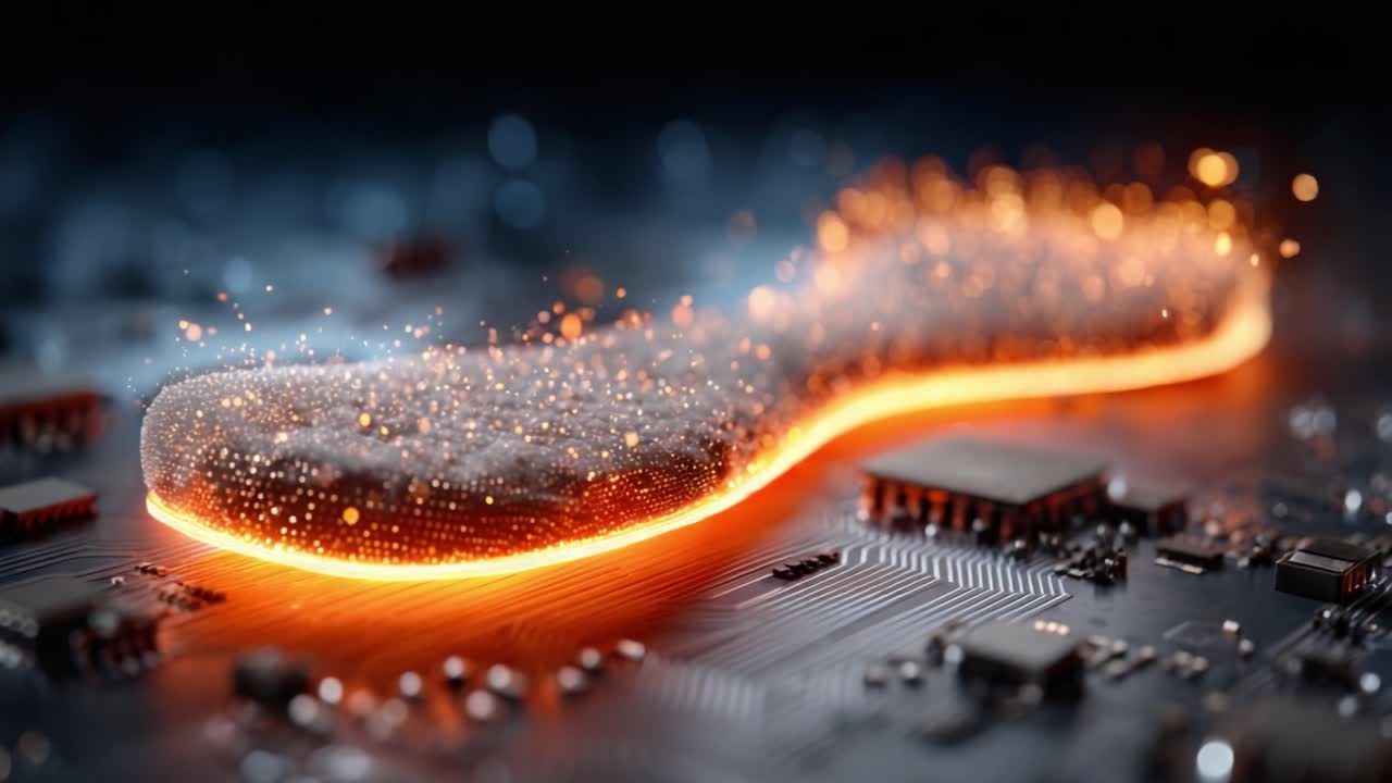 A Seamless Transition from Digital to Physical, Showcasing a Futuristic Light Trail Gliding over a High-Tech Circuit Board with Vibrant Particles