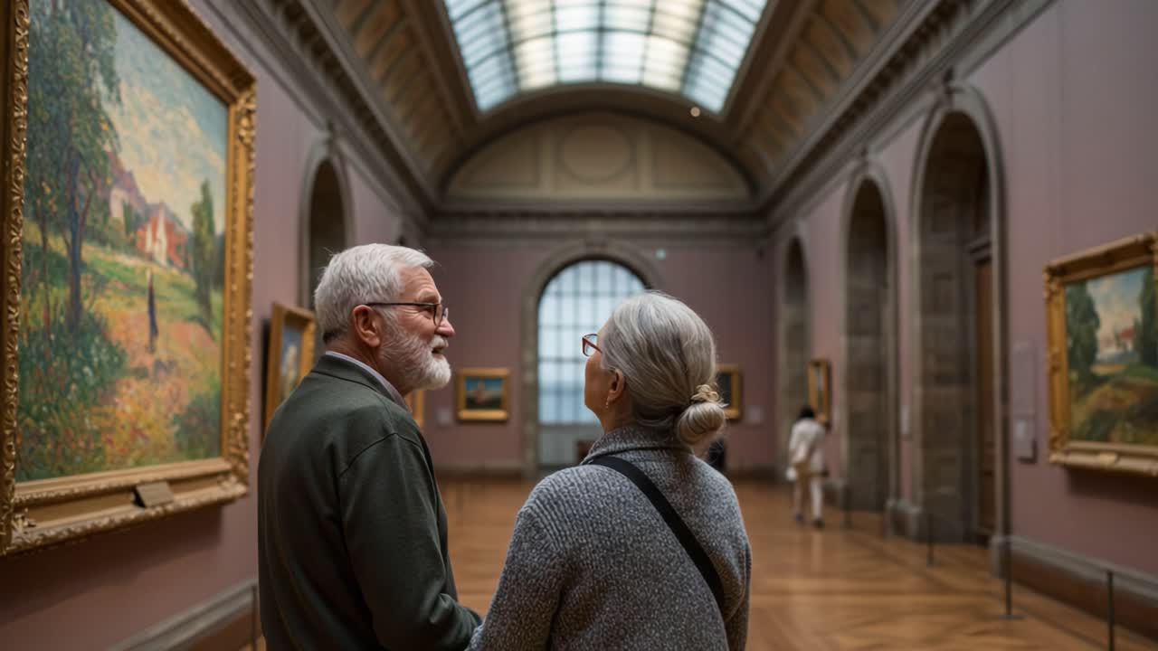 A Couple Enjoying Art Together in a Museum, Surrounded by Beautiful Paintings and an Elegant Architectural Space with Natural Light Streaming Through the Skylights