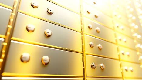 golden safe deposit boxes in a bright bank vault room