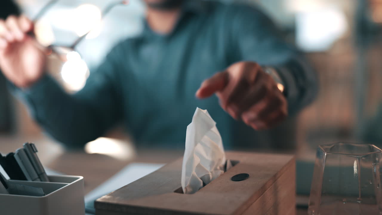 noche, pañuelo y un hombre de negocios limpiando gafas