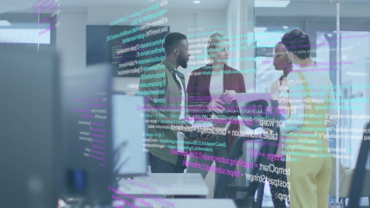 Animation of financial data processing over diverse business people in office