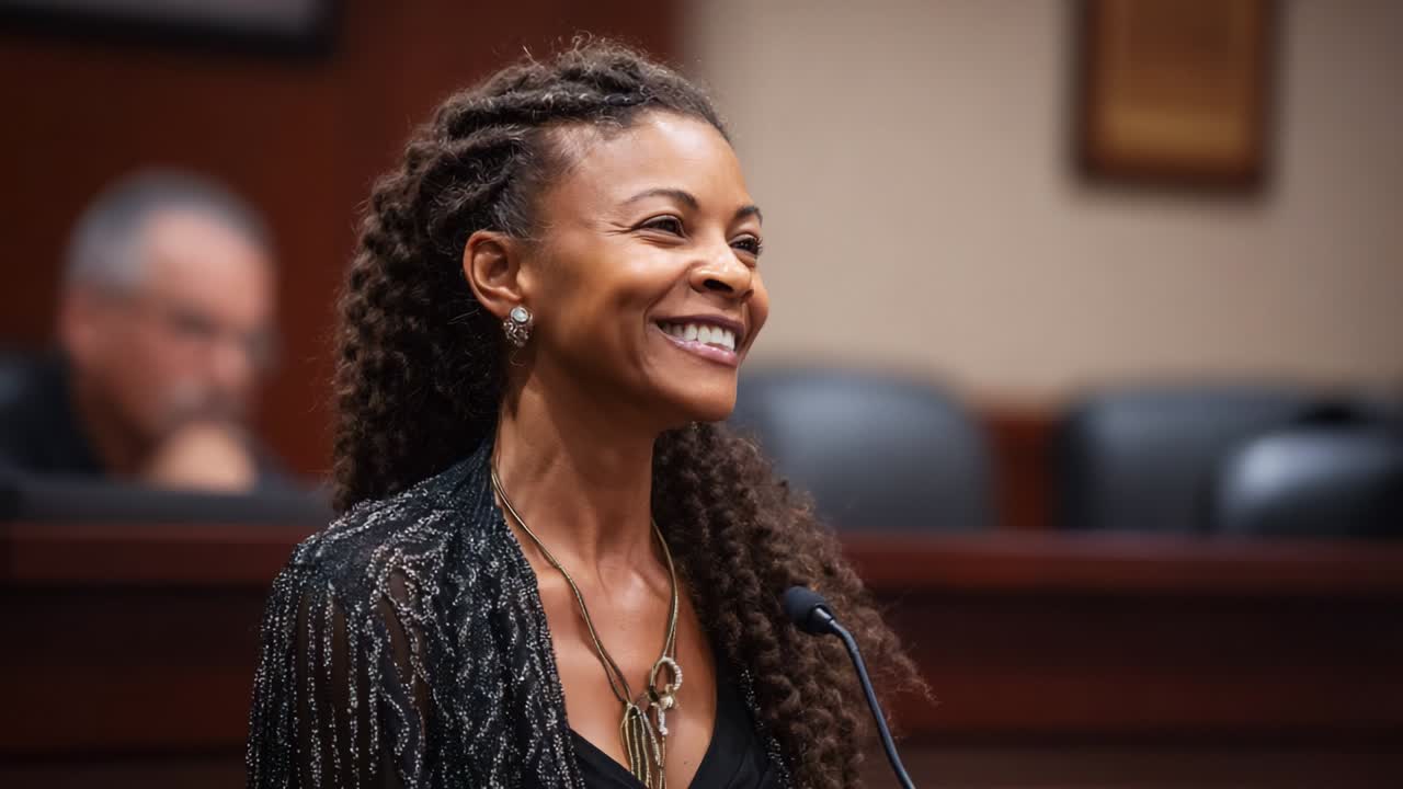 A confident woman expresses joy and resilience in a courtroom setting, showcasing her strength and determination as she engages with the audience, radiating warmth and positivity throughout the atmosphere