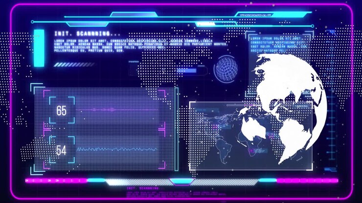 Animation of globe and data processing over screens on dark background