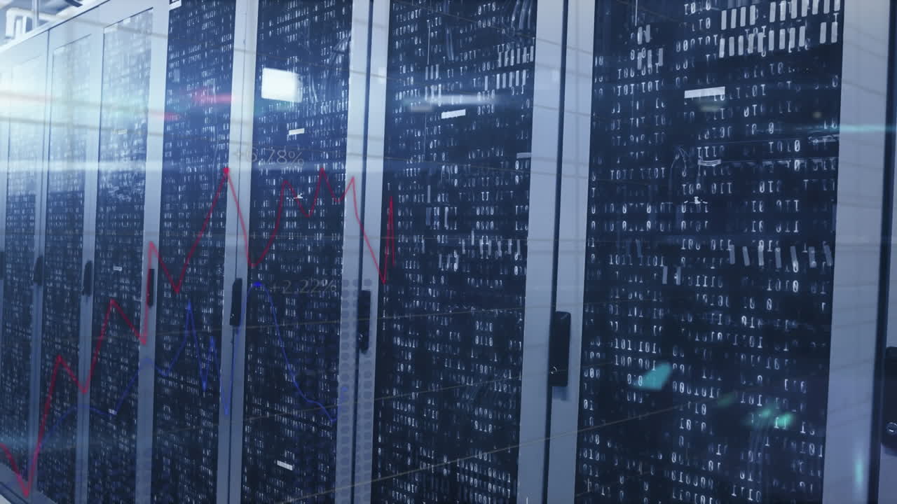 Animation of data processing over tech room with computer servers
