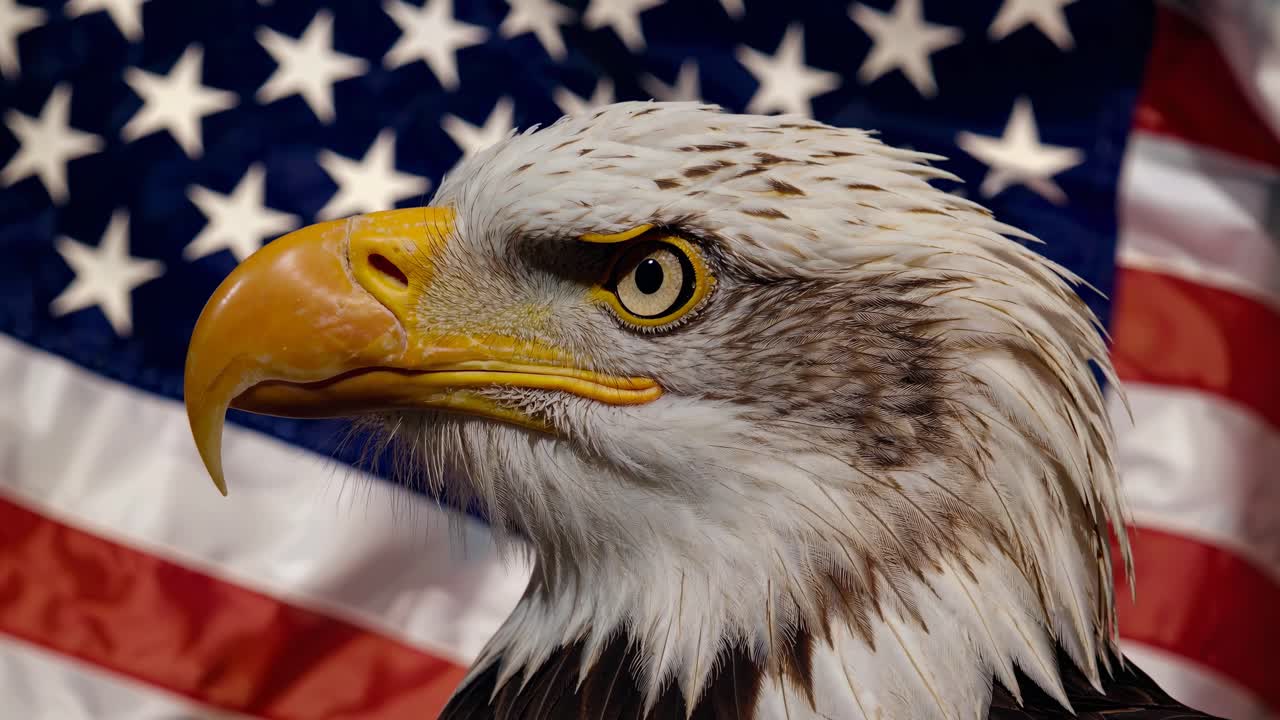 Aquila calva con la bandiera americana sullo sfondo