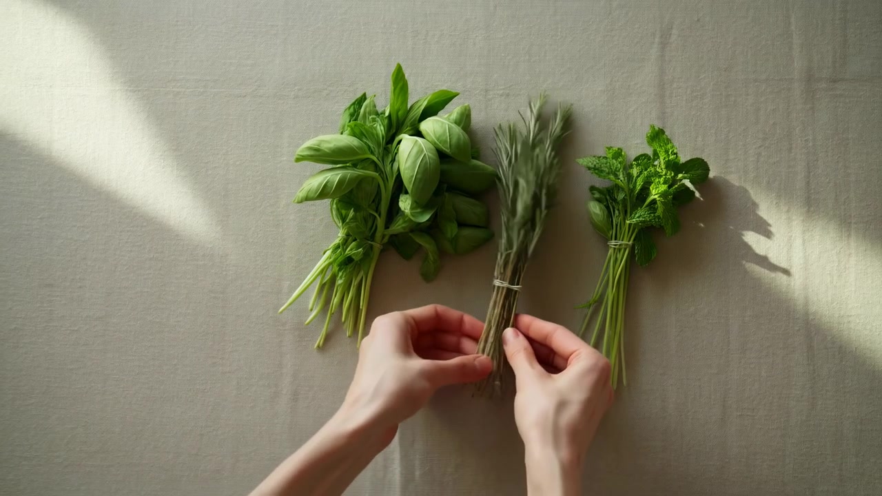 Hands place and adjust fresh herb bundles across soft linen background, showing basil, rosemary, and mint with gentle movement, warm daylight, botanical textures, and minimal overhead arrangement.