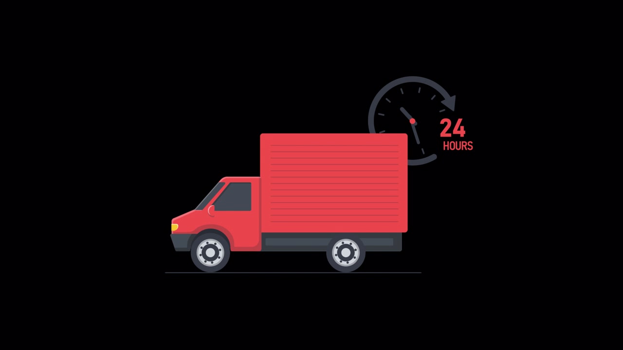 Animierter roter Lieferwagen mit 24-Stunden-Service-Symbol.