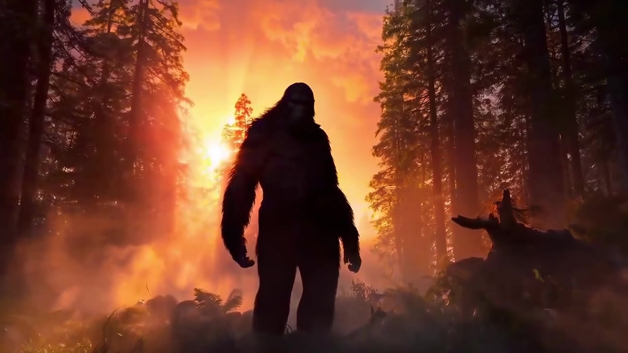 Mystisk Bigfoot-silhuett står i en dramatisk skog ved solnedgang