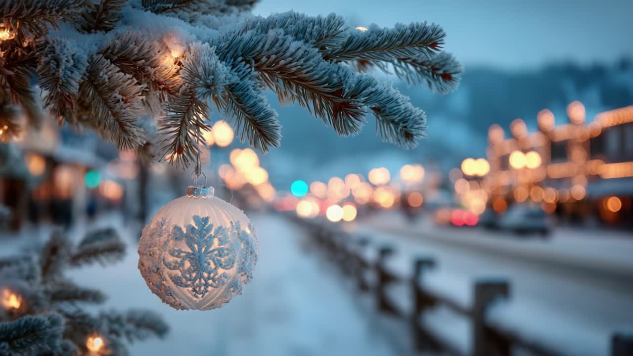 A Winter Wonderland: A Close-Up of a Snow-Filled Christmas Tree Ornament Glimmering with Lights, Set Against a Cozy Holiday Street Scene in a Serene Snowy Setting