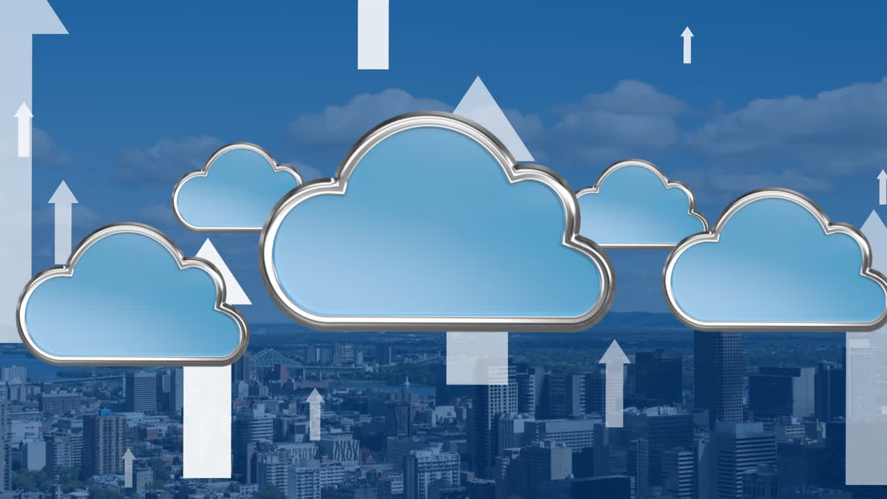 도시 풍경 배경 위에 화살표가 있는 구름의 애니메이션