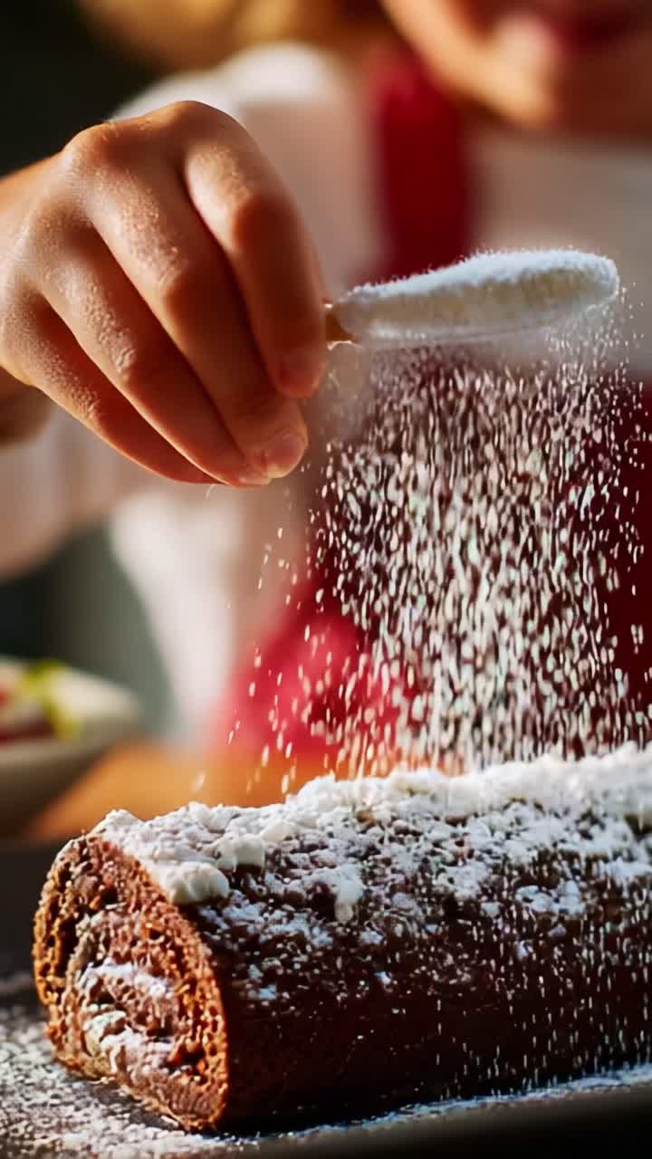 A Young Chef Perfects the Art of Dessert Decoration by Delicately Sprinkling Powdered Sugar Over a Beautifully Crafted Chocolate Roll Cake, Showcasing Their Culinary Skills and Attention to Detail