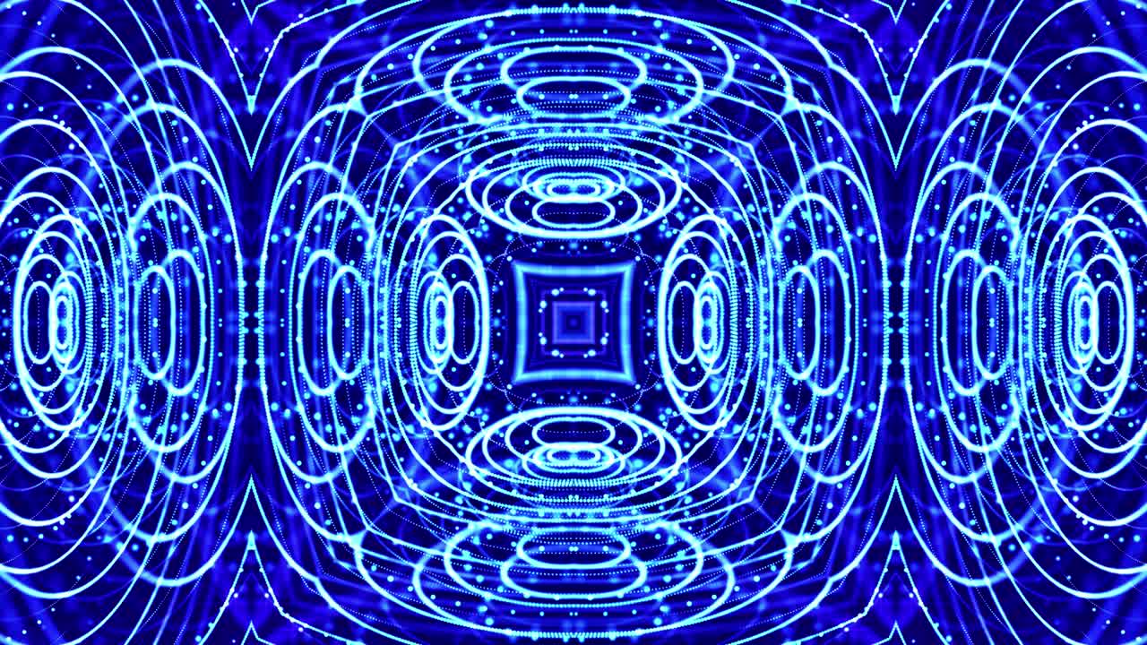 Abstract theme of microworld or nanotechnology. 4k looped sci-fi 3d background with light effects. Glow blue particles form lines, surfaces, complex symmetrical structures like in kaleidoscope.