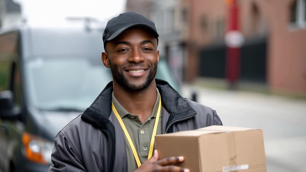 Un addetto alle consegne sorridente mentre tiene un pacco fuori da un furgone in un ambiente urbano, dimostrando professionalità e servizio clienti.