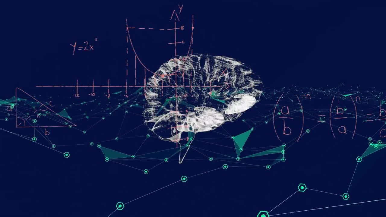 Animation of human brain and data processing over blue background