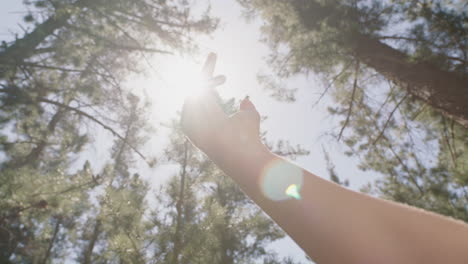 hand-touching-sun-reaching-for-sunlight-shining-between-fingers-catching-sunshine-in-forest-woods