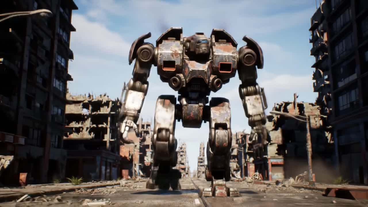 A giant robot strides through a devastated urban landscape marked by crumbling buildings and an eerie silence. The setting showcases the remnants of a once-thriving city under a clear sky.