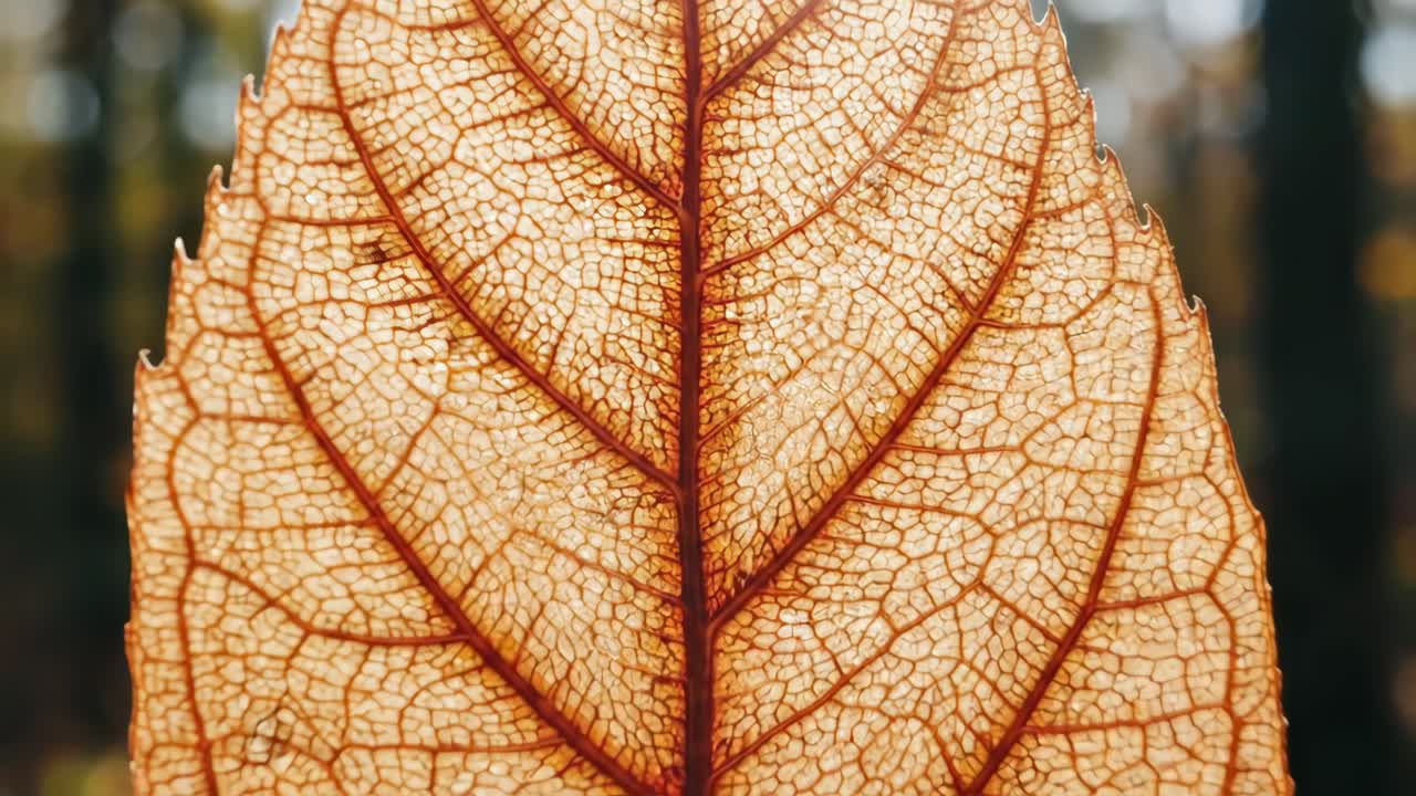 Close-up of Dried Autumn Leaf with Intricate Veins Backlit by Sunlight