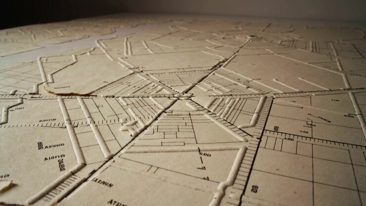 Pushing camera toward aged paper plan on table, showing raised ridges, ruler pointing for scale