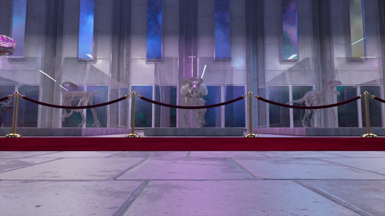 хрустальный динозавр на велосипеде в футуристическом музее