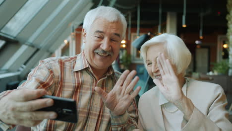 happy senior couple taking a selfie during a video call in a cafe