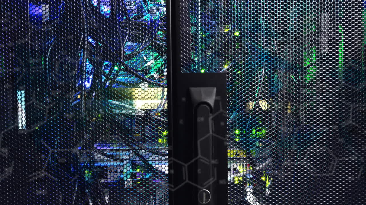 Server rack door being rendered in 3D, with hex mesh handle and glowing LED cables behind