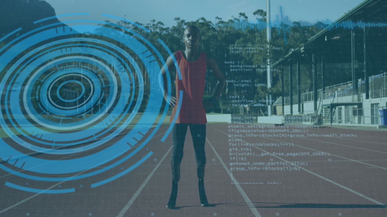 animación de datos digitales sobre hombre discapacitado afroamericano entrenando con cuchilla de correr