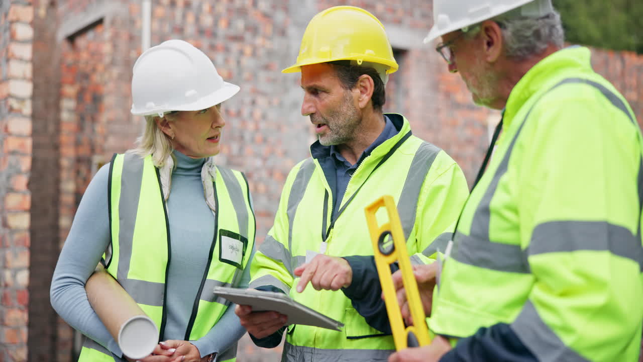 Construction Workers Discussing Plans on Building Site