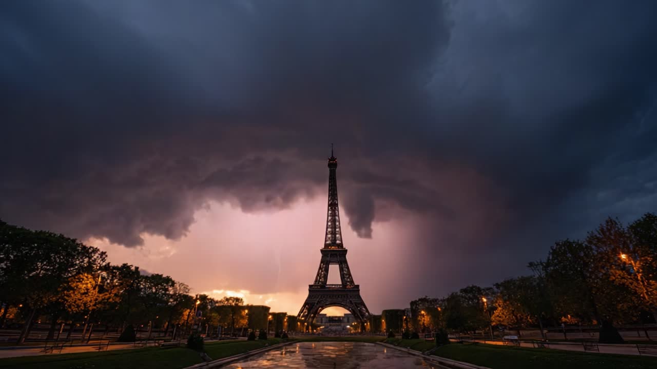 Drammatica tempesta di fulmini su Parigi: una splendida vetrina della Torre Eiffel tra nuvole scure e condizioni meteorologiche intense.