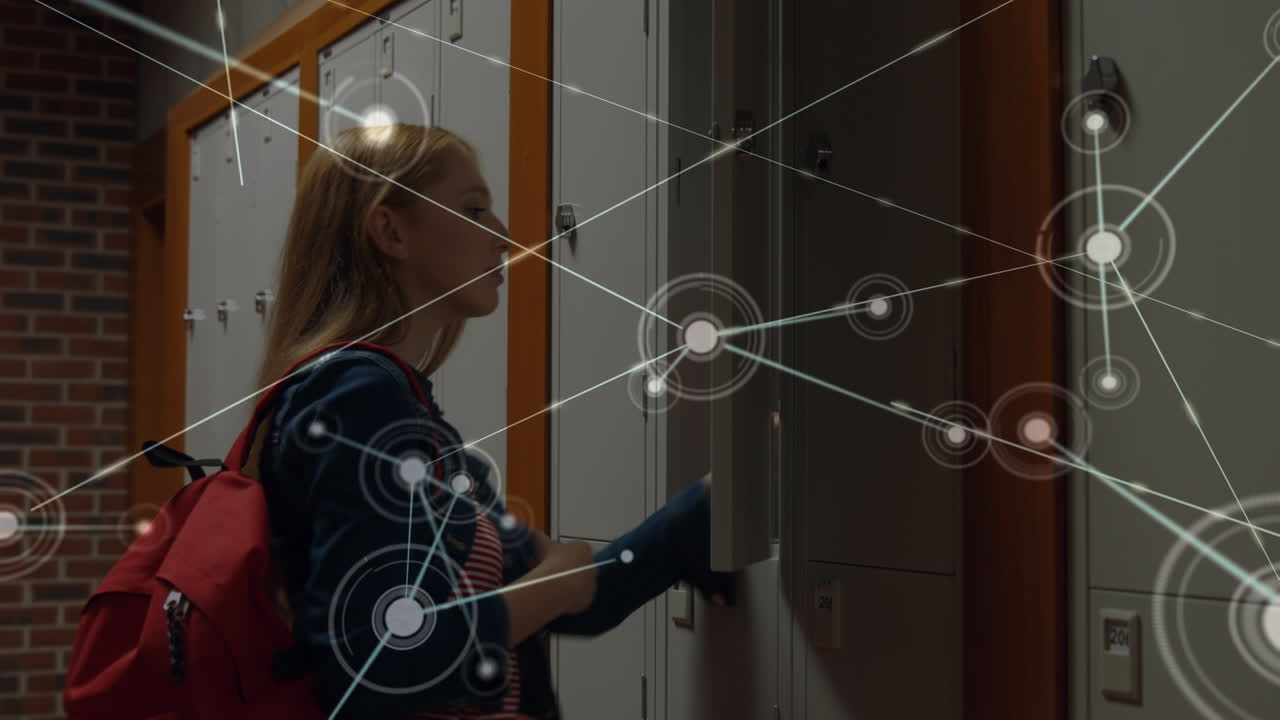 Network of connections against caucasian girl opening her locker and taking her stuff at college