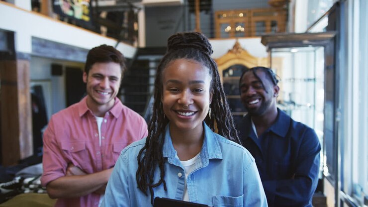 Ritratto di un team di vendita multiculturale in un negozio di moda davanti a un espositore di abbigliamento.
