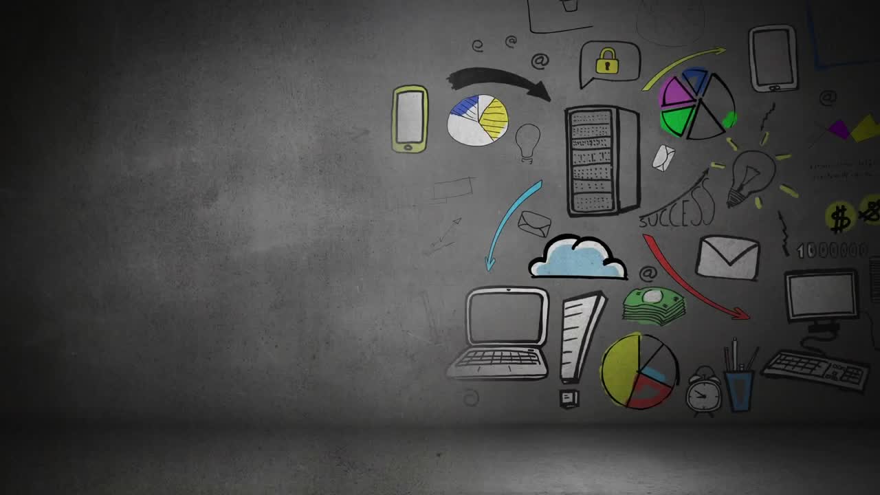 Animation of digital icons with copy space on grey background