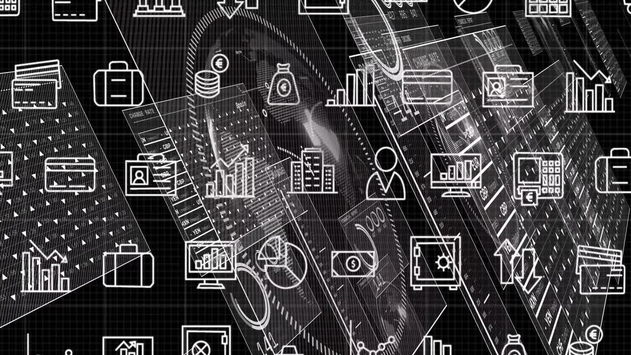 animación de iconos digitales sobre la interfaz con el procesamiento de datos contra un fondo negro