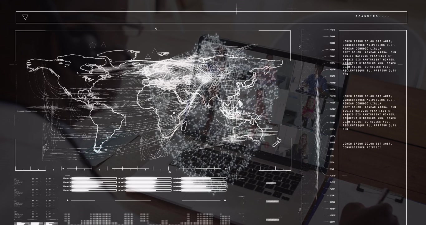 Animation of data processing over digital human brain and cityscape