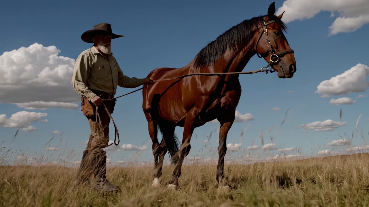 Cowboy and Horse in a Field