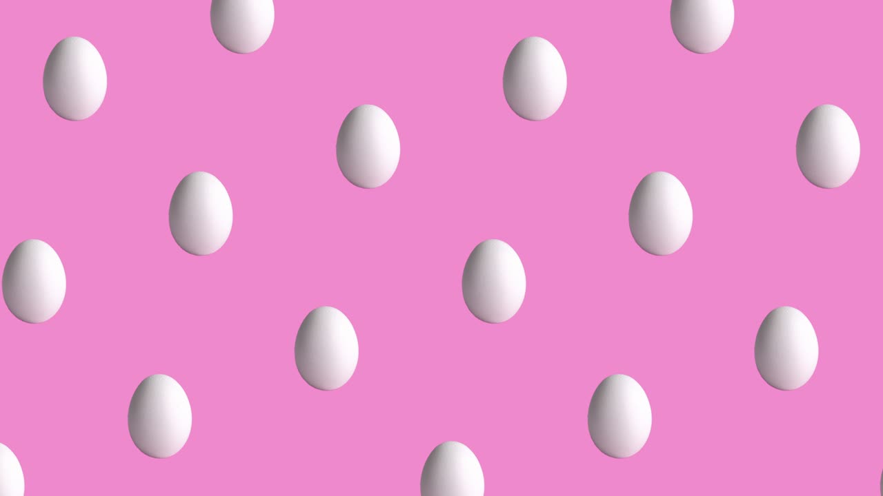 diagonal animation with chicken raw eggs on rose and pink background, close-up. side view of farm products, easter concept with copy space
