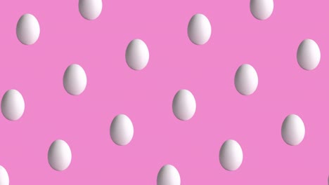 diagonal animation with chicken raw eggs on rose and pink background, close-up. side view of farm products, easter concept with copy space