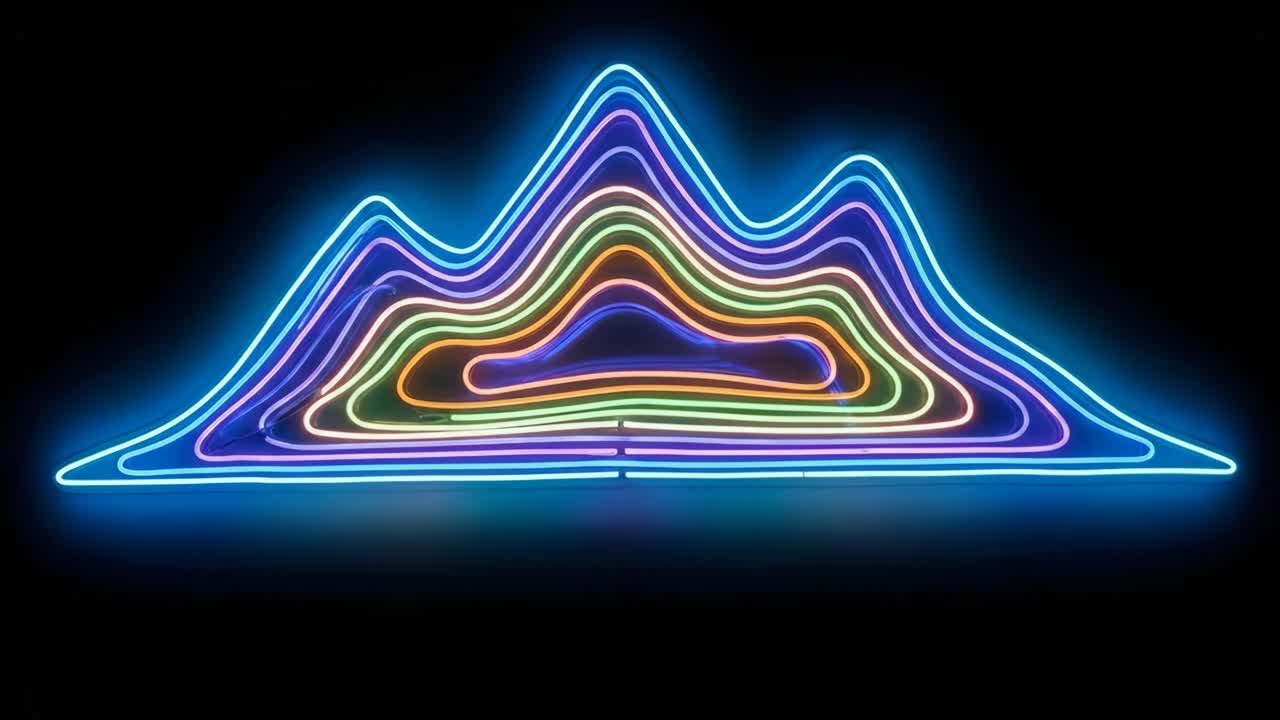 Colorful Neon Mountain Sign Pulsing on Black Background