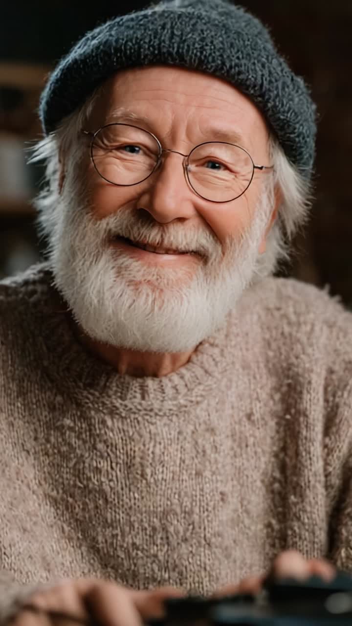 A Joyful Elderly Man in a Cozy Sweater and Beanie Expressing Warmth and Happiness While Engaged in a Creative Activity, Radiating Wisdom and Cheerfulness
