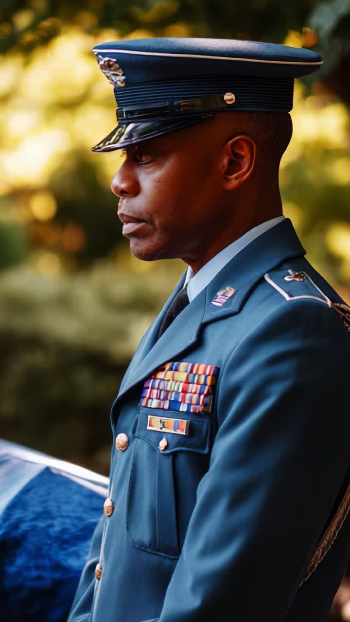 Un momento solenne: un ufficiale militare in alta uniforme che rende omaggio con le medaglie in mostra e un'espressione concentrata durante una cerimonia