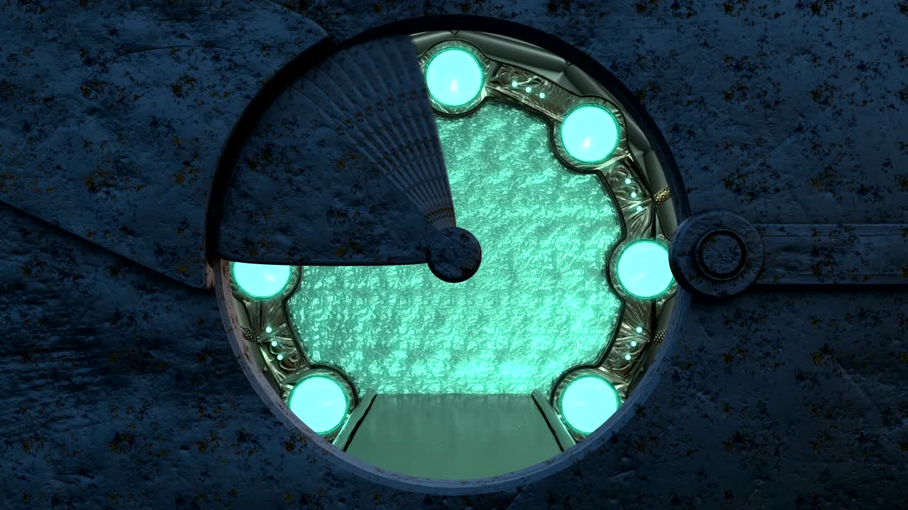 la escotilla oxidada de hierro abre una vista panorámica a la escena del paisaje de la nave espacial. fondo abstracto 3d de corredor de ciencia ficción con portal. tecnología futurista abstracto vj para títulos tecnológicos y fondo.