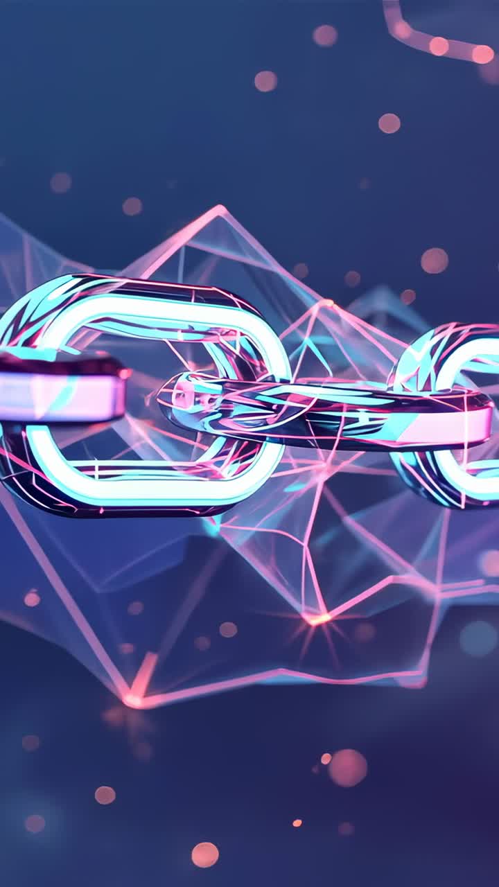 Vertical video: Metal neon chain rotating after particles drifting in digital void, mesh pulsing