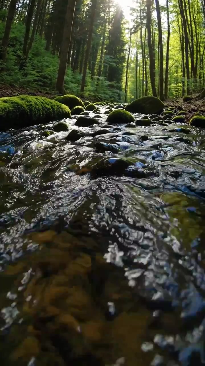 Clear Stream Flowing Through a Lush Green Forest