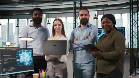 portrait of teamworking engineers writing code, developing machine learning apis
