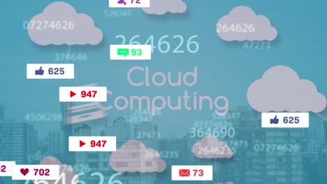 animation of media icons over cloud computing text and city