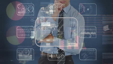 Animation of businessman using interface with statistics and data processing
