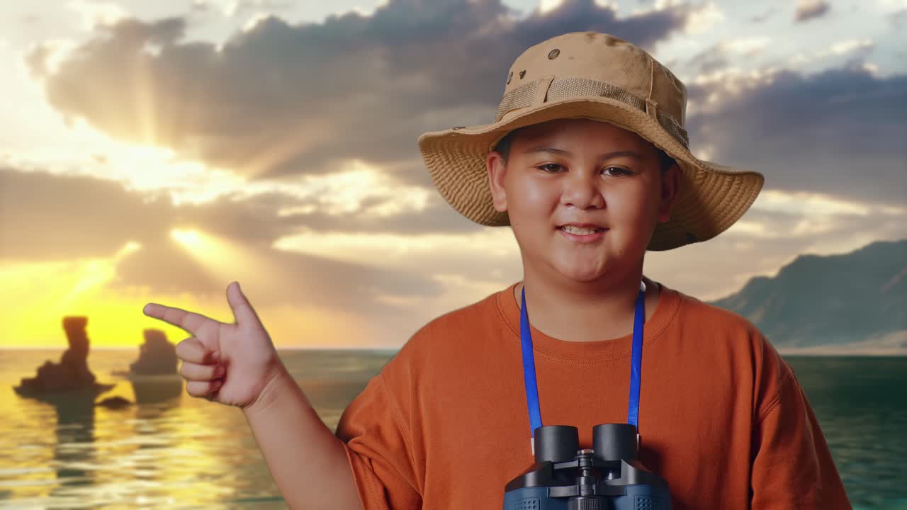 Anak Laki-Laki Asia Memakai Topi Dan Teropong Tersenyum Dan Menunjuk Ke Samping Di Pantai. Anak Laki-Laki Peneliti Memeriksa Sesuatu, Konsep Petualangan Pariwisata Perjalanan, Close Up