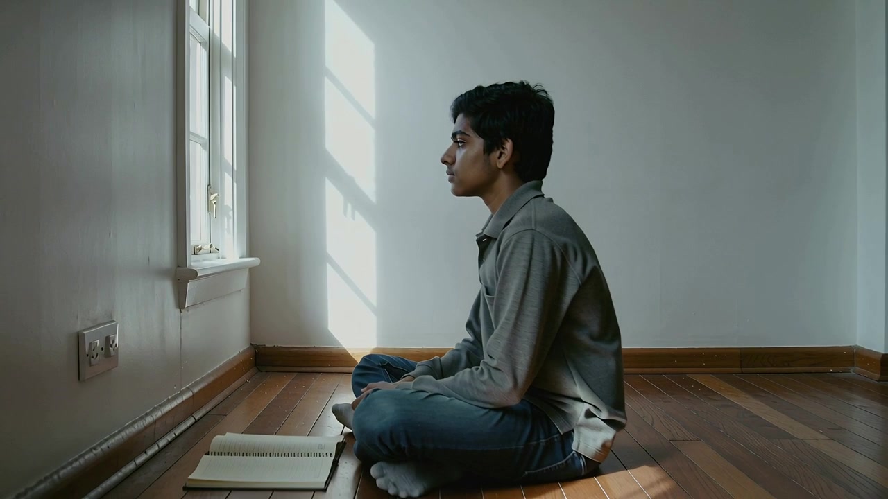Sunlight casting diagonal light, student by window in shirt and jeans lifting gaze, open notebook